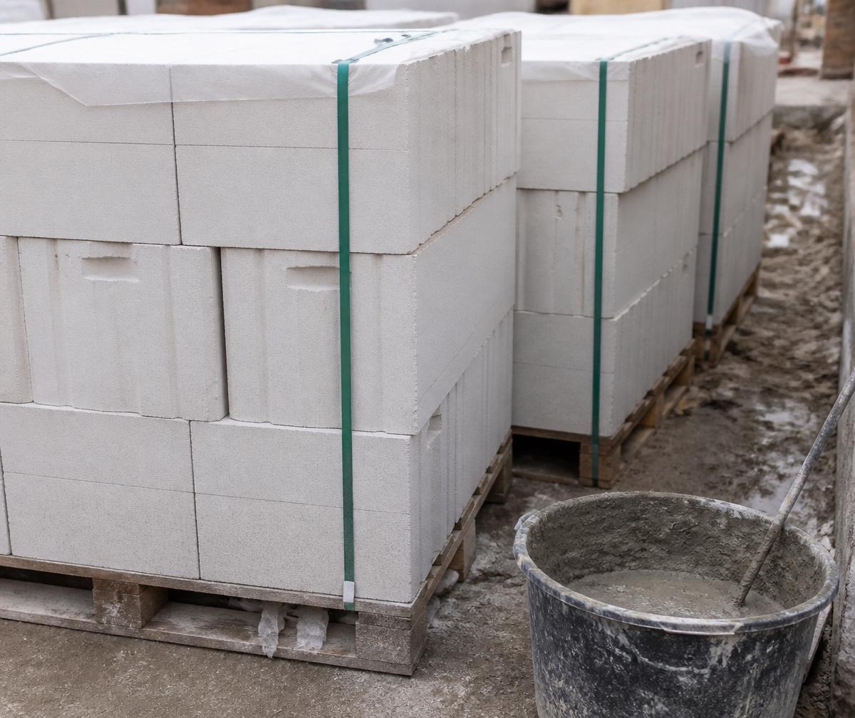 Paletes de blocos de concreto celular autoclavado e balde de massa polimérica em canteiro de obra